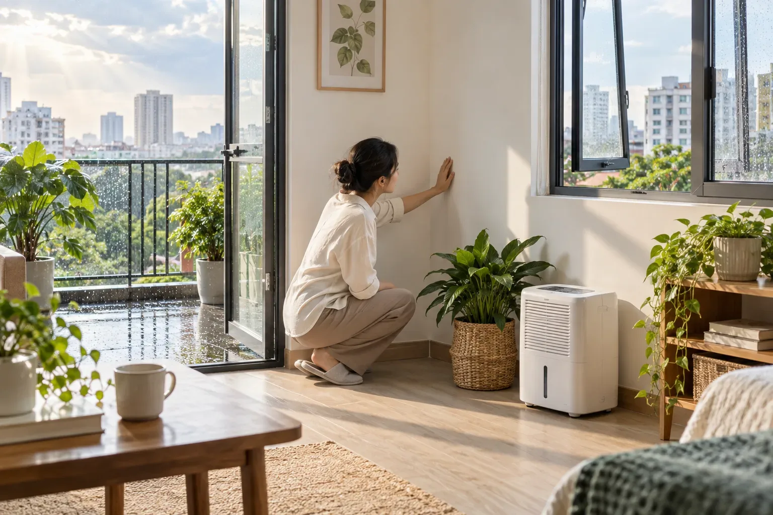 Căn hộ mở cửa thông gió sau mưa với máy hút ẩm nhỏ