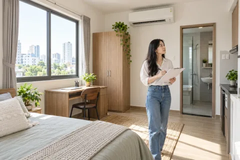Người thuê kiểm tra ánh sáng, điều hòa và tiện nghi trong một phòng studio sáng thoáng