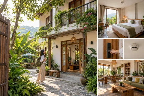 Homestay nhiều cây xanh với phòng ngủ sạch và hệ thống an toàn