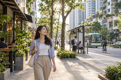 Người thuê đi bộ khảo sát khu phố có cây xanh và trạm xe buýt